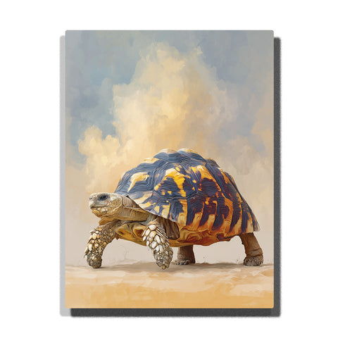 Golden-patterned tortoise beneath a soft clouded sky with textured shell, sandy ground, and calm animal portrait detail, animal paint by numbers wall art by PaintEasy