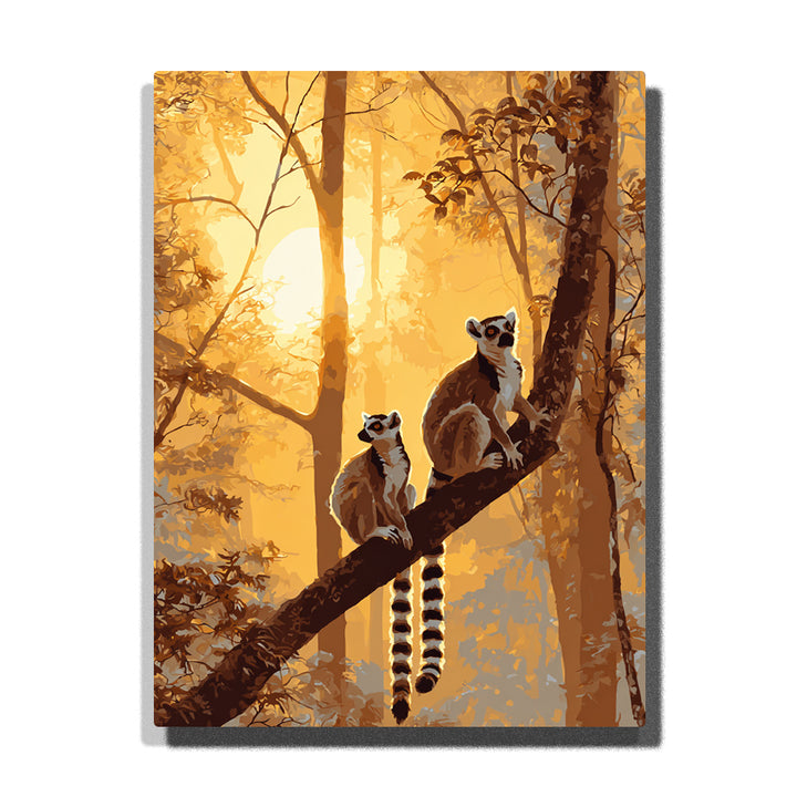 Ring-tailed lemurs on a sunlit forest branch with golden woodland light, striped tails, and warm backlit trees, animal paint by numbers wall art by PaintEasy