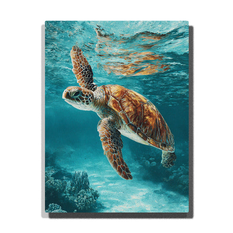 Sea turtle beneath clear blue ocean water with patterned shell, outstretched flippers, and soft underwater marine light, animal paint by numbers wall art by PaintEasy
