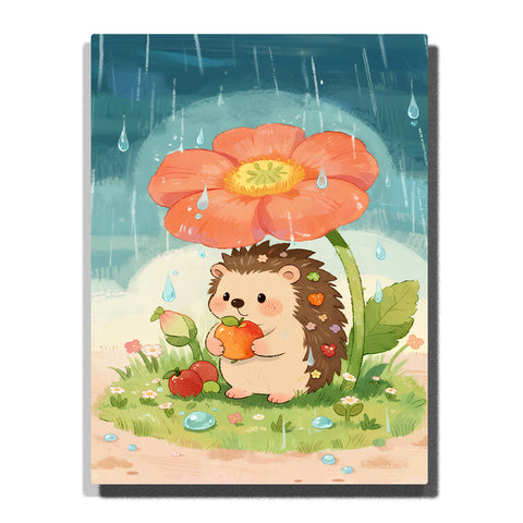 cute hedgehog holding apple under large flower in rain paint by numbers artwork with garden scene | PaintEasy