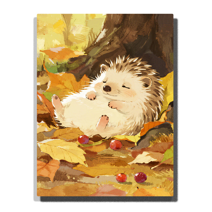 sleeping hedgehog lying on autumn leaves paint by numbers artwork with warm fall forest colors | PaintEasy