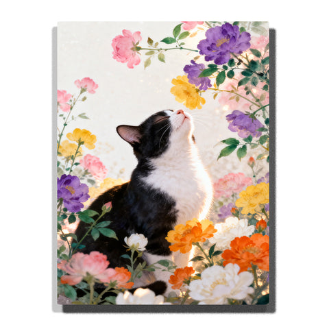 black and white cat sitting among colorful garden flowers paint by numbers floral animal artwork | PaintEasy
