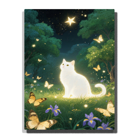 Glowing white cat sitting in a starry forest clearing with golden butterflies, purple flowers, green trees, bright star, and soft magical light, PaintEasy Paint by Numbers kit.