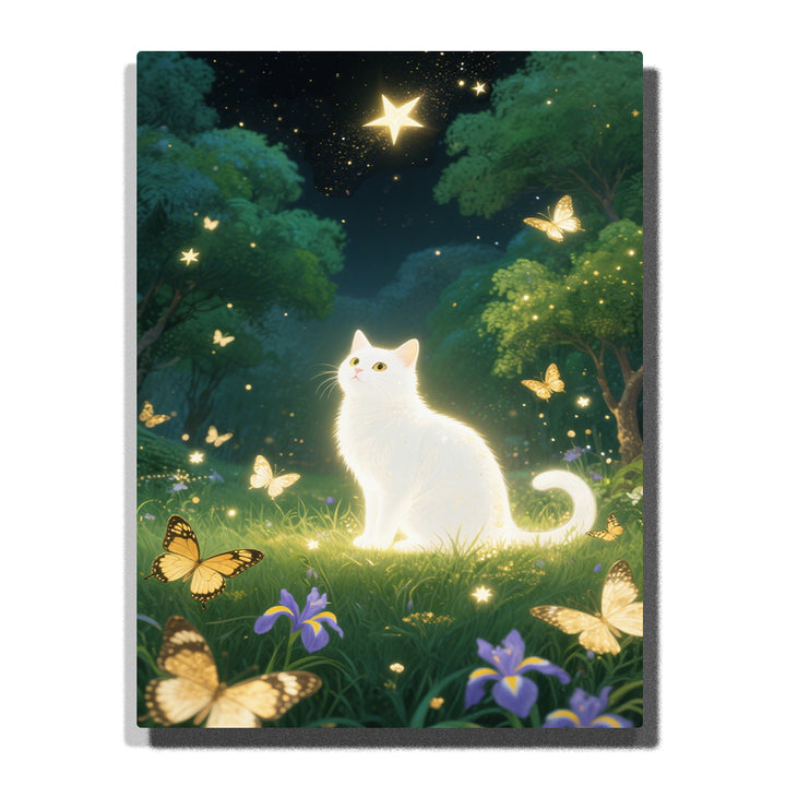 Glowing white cat sitting in a starry forest clearing with golden butterflies, purple flowers, green trees, bright star, and soft magical light, PaintEasy Paint by Numbers kit.
