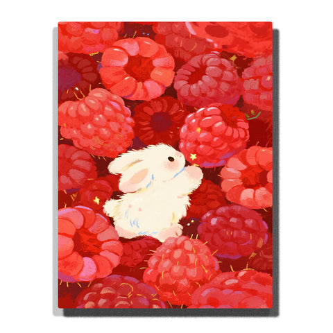 white bunny sitting among bright red raspberries paint by numbers artwork with colorful fruit background | PaintEasy