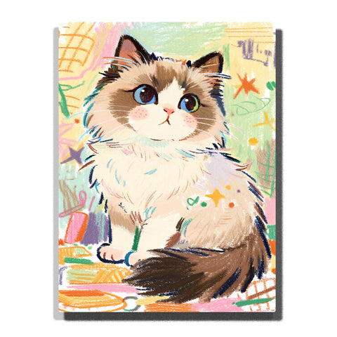 Fluffy kitten with big eyes in colorful doodle background, playful animal Paint by Numbers artwork by PaintEasy for adults home decor