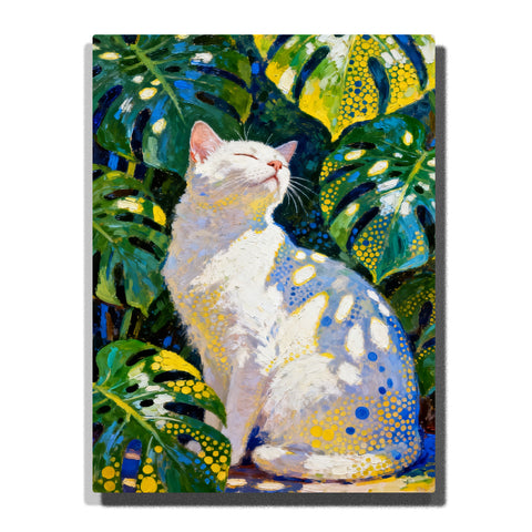 White cat sitting among tropical monstera leaves with blue and yellow dotted accents, decorative animal Paint by Numbers artwork by PaintEasy for adults home wall decor
