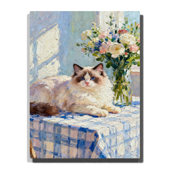 ragdoll cat resting on table beside flower vase impressionist style paint by numbers artwork | PaintEasy