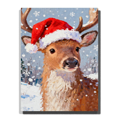 deer portrait wearing red winter hat in snowy forest paint by numbers artwork | PaintEasy