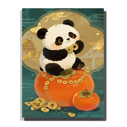 Lucky panda sitting on a large orange persimmon holding gold coins with teal background, golden clouds, scattered coins, and festive fruit details, PaintEasy Paint by Numbers kit.