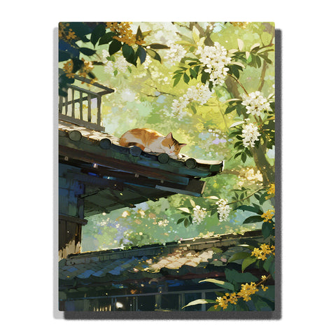 sleeping orange cat resting on traditional roof under blooming white flowers paint by numbers artwork | PaintEasy