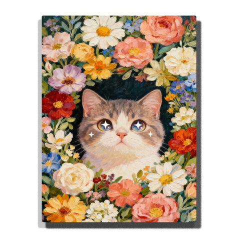 cat portrait surrounded by colorful flowers with sparkling eyes floral animal paint by numbers artwork | PaintEasy
