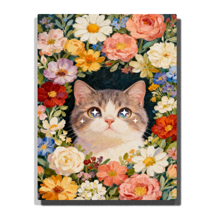 cat portrait surrounded by colorful flowers with sparkling eyes floral animal paint by numbers artwork | PaintEasy