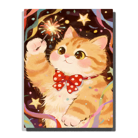 cute orange kitten holding sparkler with festive fireworks paint by numbers artwork | PaintEasy