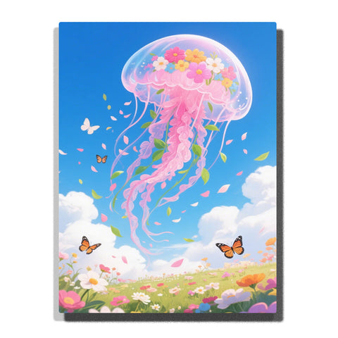 Pink jellyfish floating above a flower meadow with floral bell, long tentacles, blue sky, white clouds, butterflies, and petals, PaintEasy Paint by Numbers kit.