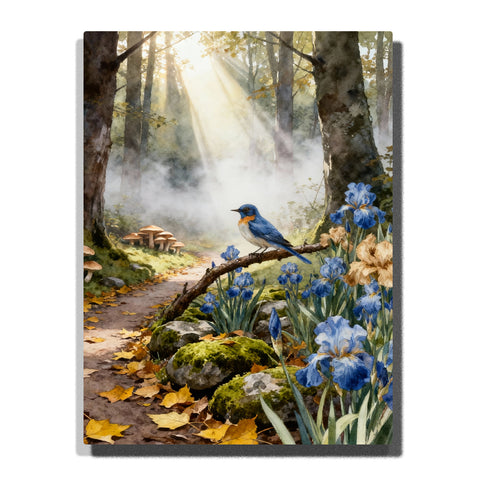Paint by numbers kit featuring blue bird on branch in sunlit forest with wildflowers, mist, and woodland path