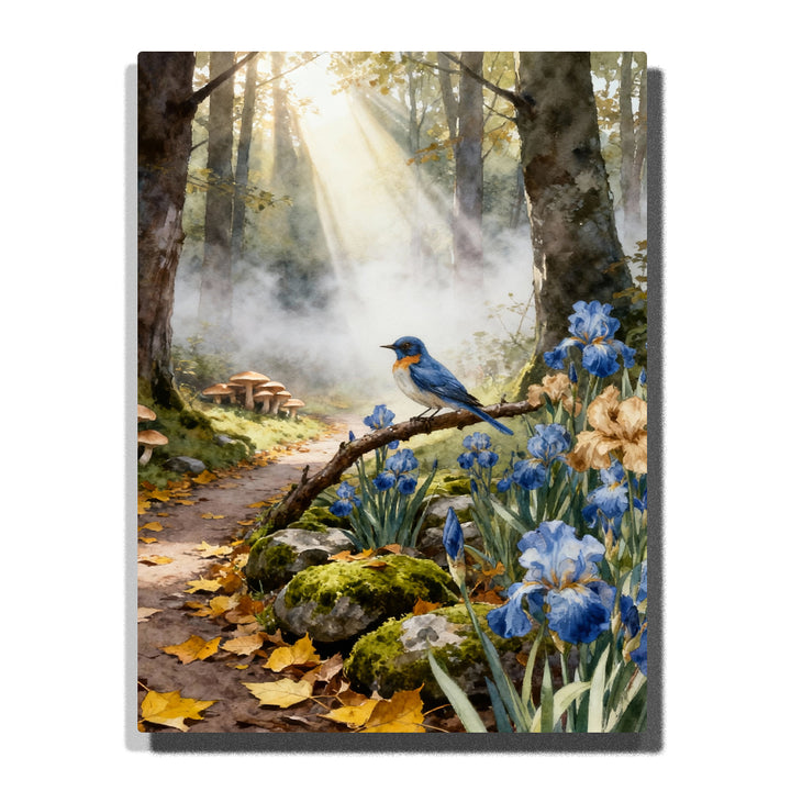 Paint by numbers kit featuring blue bird on branch in sunlit forest with wildflowers, mist, and woodland path