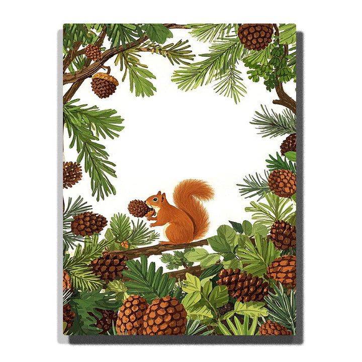 Cute red squirrel with pine branches, cones and green leaves on white background — PaintEasy Home Decor - Animal Paint by Numbers artwork