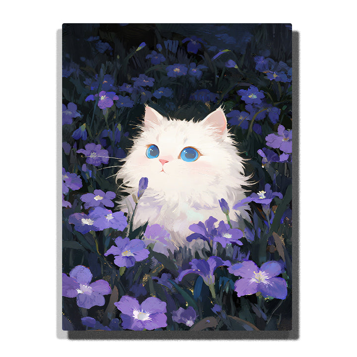 white cat sitting among purple flowers paint by numbers artwork with dark floral background and bright blue eyes | PaintEasy