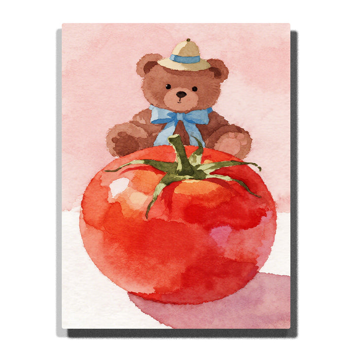 cute teddy bear sitting behind large tomato watercolor style paint by numbers artwork | PaintEasy