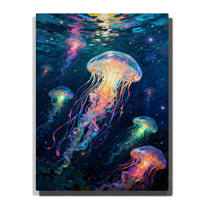 Glowing jellyfish floating in a deep blue ocean with colorful tentacles, bright reflections, star-like lights, and dark underwater scenery.