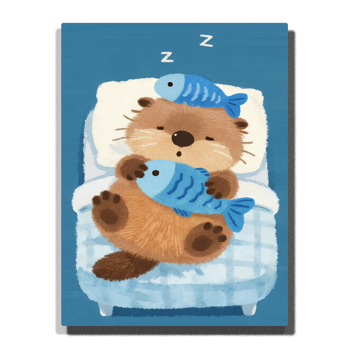 cute sleeping otter hugging fish on bed paint by numbers animal artwork | PaintEasy