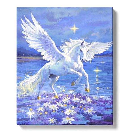 White Pegasus over Moonlit Lake Flowers Paint by Numbers Kit For Adults