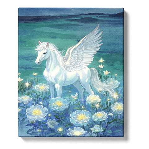 White Pegasus in Moonlit Flower Meadow Paint by Numbers Kit For Adults