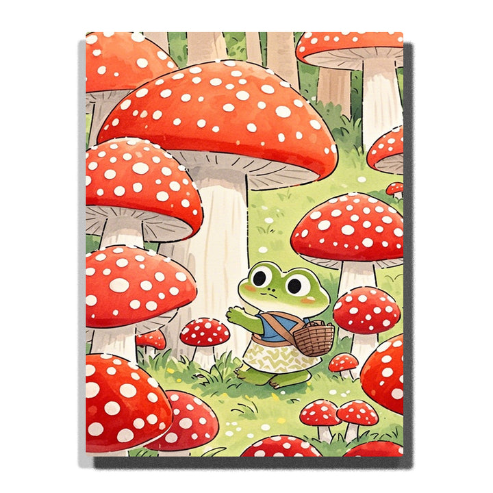 Little green frog carrying a basket in a red mushroom forest with oversized spotted caps, cream stems, soft grass, and woodland details, PaintEasy Paint by Numbers kit.