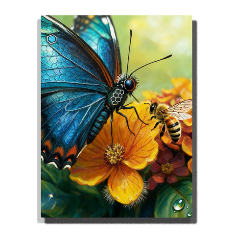 Blue Butterfly Paint by Numbers For Adults featuring cobalt butterfly and honey bee meeting above golden orange flower with green leaves and sparkling water droplets