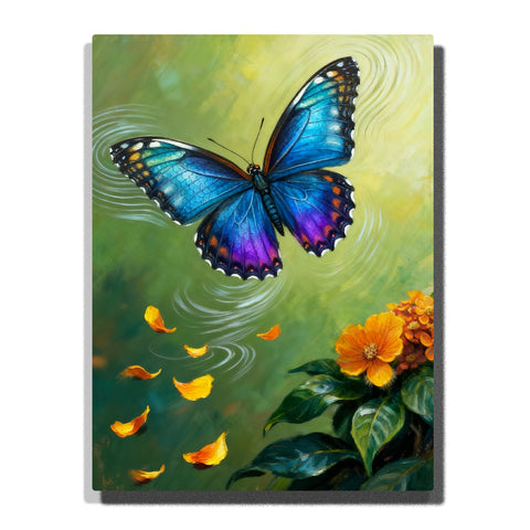 Blue Butterfly Paint by Numbers For Adults featuring turquoise cobalt and purple butterfly in flight with swirling golden petals, orange flowers and green leaves