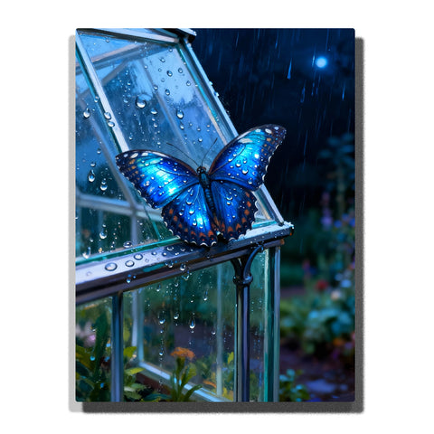 Blue butterfly on rainy glass with water drops paint by numbers kit, moody night wall art for adults PaintEasy