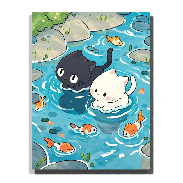 two cats playing in stream with koi fish paint by numbers artwork with blue water and river stones | PaintEasy