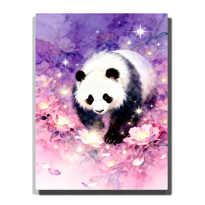 Panda walking among pink flowers paint by numbers kit for adults by PaintEasy