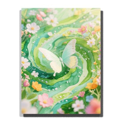 Pale mint butterfly floating above green floral swirls with white daisies, pink blossoms, yellow flowers, and dotted botanical details, PaintEasy Paint by Numbers kit.