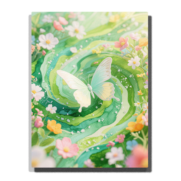 Pale mint butterfly floating above green floral swirls with white daisies, pink blossoms, yellow flowers, and dotted botanical details, PaintEasy Paint by Numbers kit.