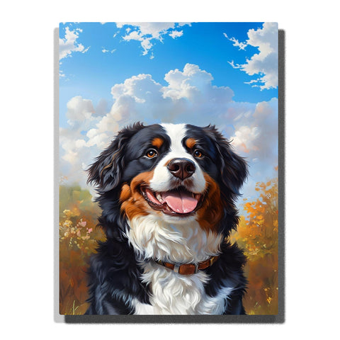 Bernese mountain dog smiling portrait paint by numbers artwork with blue sky clouds and meadow background | PaintEasy