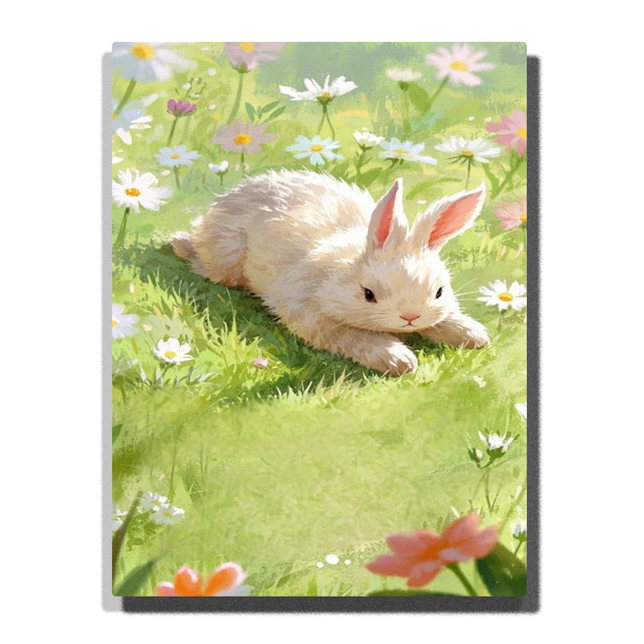 White rabbit resting in a sunny meadow with daisies and wildflowers, spring animal Paint by Numbers artwork by PaintEasy for adults home decor