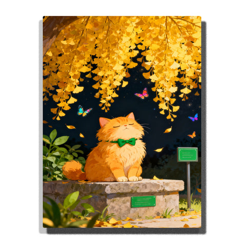 orange cat sitting under golden ginkgo tree with butterflies paint by numbers artwork | PaintEasy