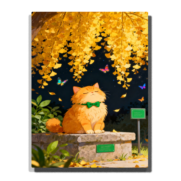 orange cat sitting under golden ginkgo tree with butterflies paint by numbers artwork | PaintEasy
