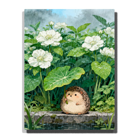 cute hedgehog holding leaf umbrella in rainy garden flowers paint by numbers artwork | PaintEasy