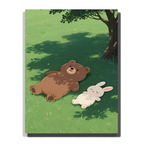bear and bunny resting on green grass under tree paint by numbers artwork with soft sunlight and meadow background | PaintEasy