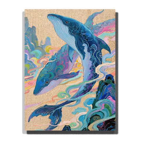 Two blue whales rising through colorful ocean swirls with pastel waves, turquoise currents, pink accents, dark rocks, and gold textured background, PaintEasy Paint by Numbers kit.