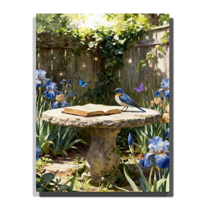 Bluebird on stone garden table with open book, blue irises, butterflies, leafy vines, wooden fence, and animal paint by numbers wall art.