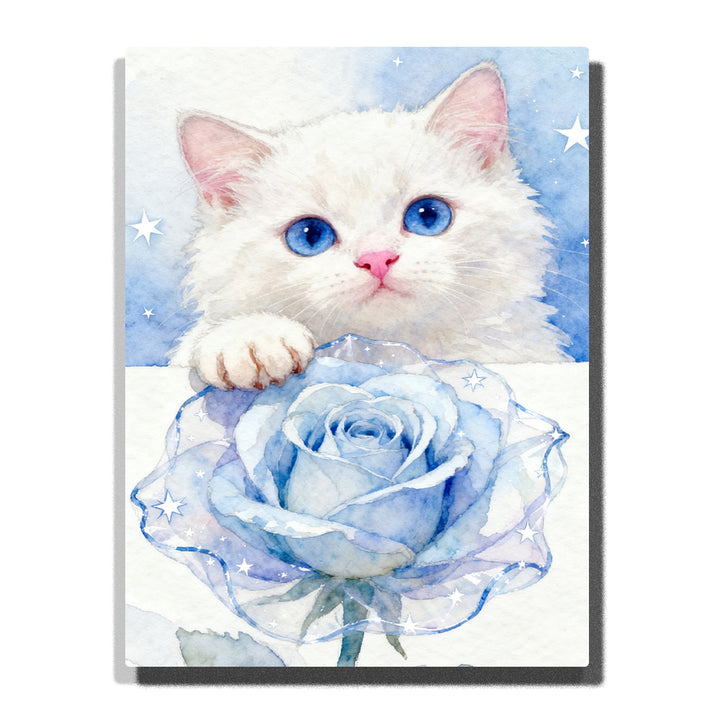 white kitten with blue eyes holding a blue rose watercolor style paint by numbers artwork | PaintEasy
