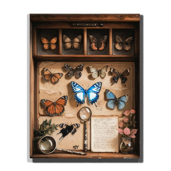 Vintage Butterfly Paint by Numbers For Adults featuring butterfly specimen collection with bright blue butterfly, monarchs, antique wooden cabinet, magnifying glass and handwritten notes