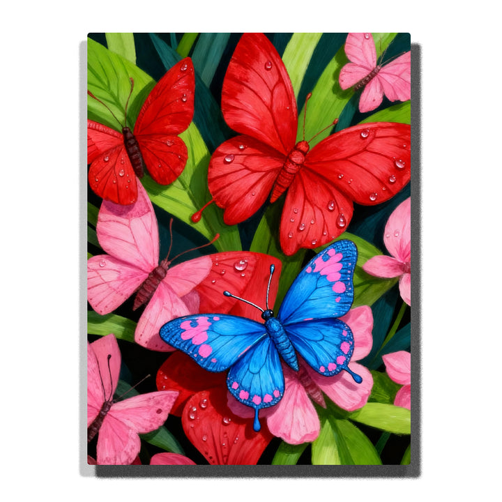 Butterfly Paint by Numbers For Adults featuring electric blue butterfly with pink markings surrounded by red and pink butterflies, sparkling dewdrops and tropical green leaves
