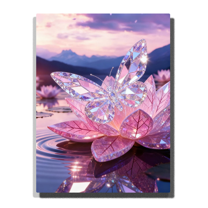 Crystal butterfly on pink lotus over water at sunset paint by numbers kit, dreamy fantasy wall art for adults PaintEasy