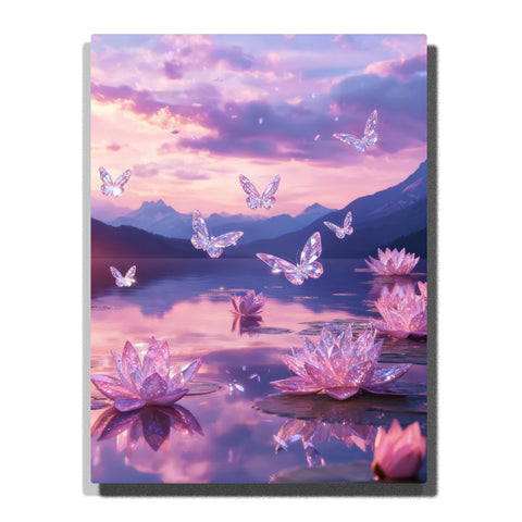 Crystal Butterfly Paint by Numbers For Adults featuring sparkling pink and lavender butterflies flying above crystal lotus flowers on a reflective lake with mountains at sunset