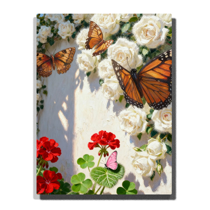 Monarch butterflies among white roses and red flowers paint by numbers kit, bright floral wall art for adults PaintEasy